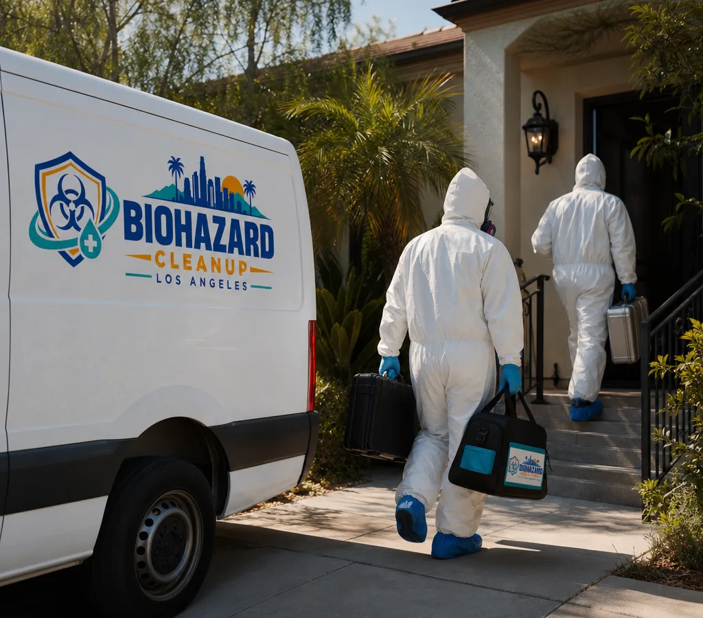 Discreet crime scene cleanup technicians arriving at a Los Angeles residence with an unmarked vehicle and PPE