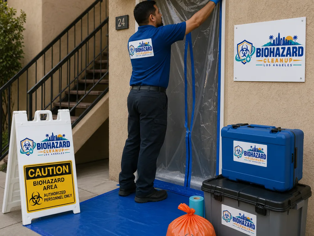 Technician setting up apartment doorway containment with floor protection, signage, and sealed waste containers