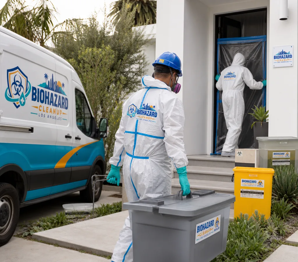 Technicians in full PPE staging containment and labeled biohazard waste containers outside a Los Angeles residential entryway