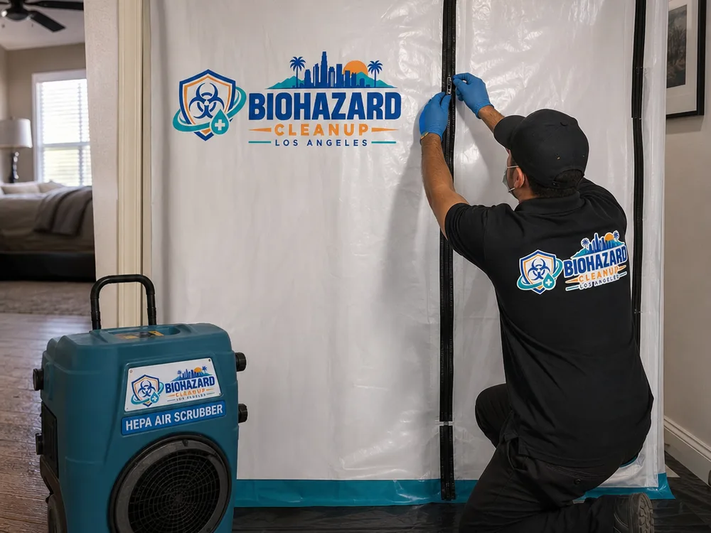 Containment barrier with zipper door and HEPA air scrubber inside a room prepared for biohazard remediation