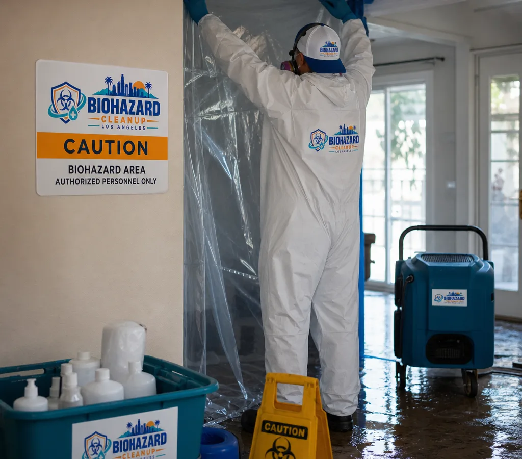 Biohazard technician in PPE setting up containment and warning signage after a sewage backup in a Los Angeles home