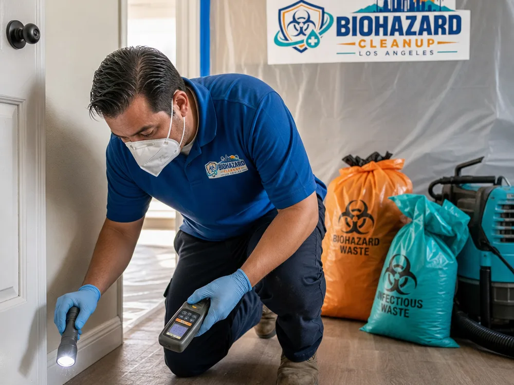 Technician inspecting a floor drain and baseboard with a moisture meter beside containment and staged waste bags