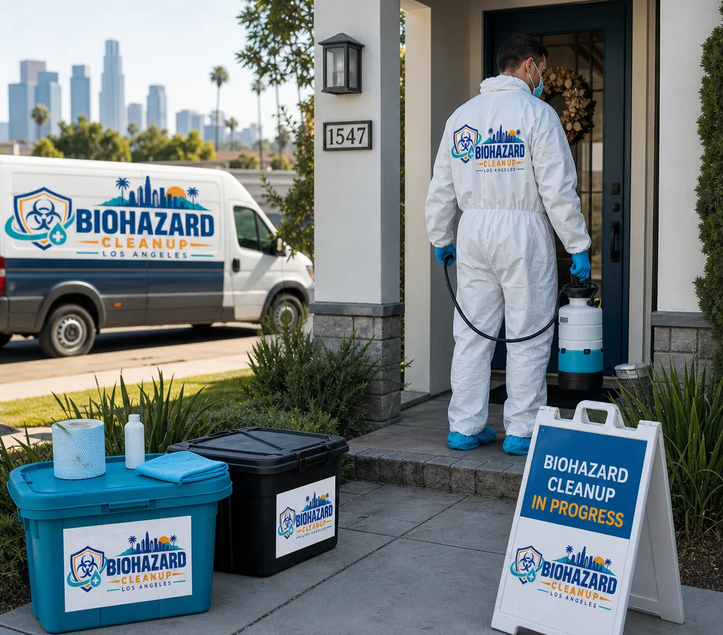PPE technician at a residential entryway with discreet containment supplies, sealed bins, a disinfectant sprayer, and warning signage