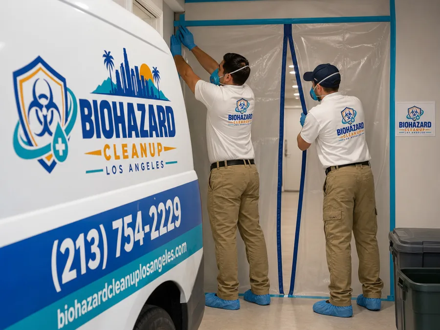Two-person crew creating a contained apartment doorway with plastic sheeting, tape, discreet bins, and protective equipment