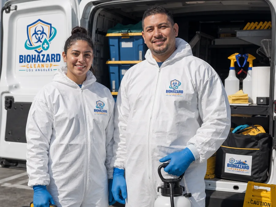 Two-person cleanup crew in PPE beside a service vehicle with supplies organized for a Los Angeles response